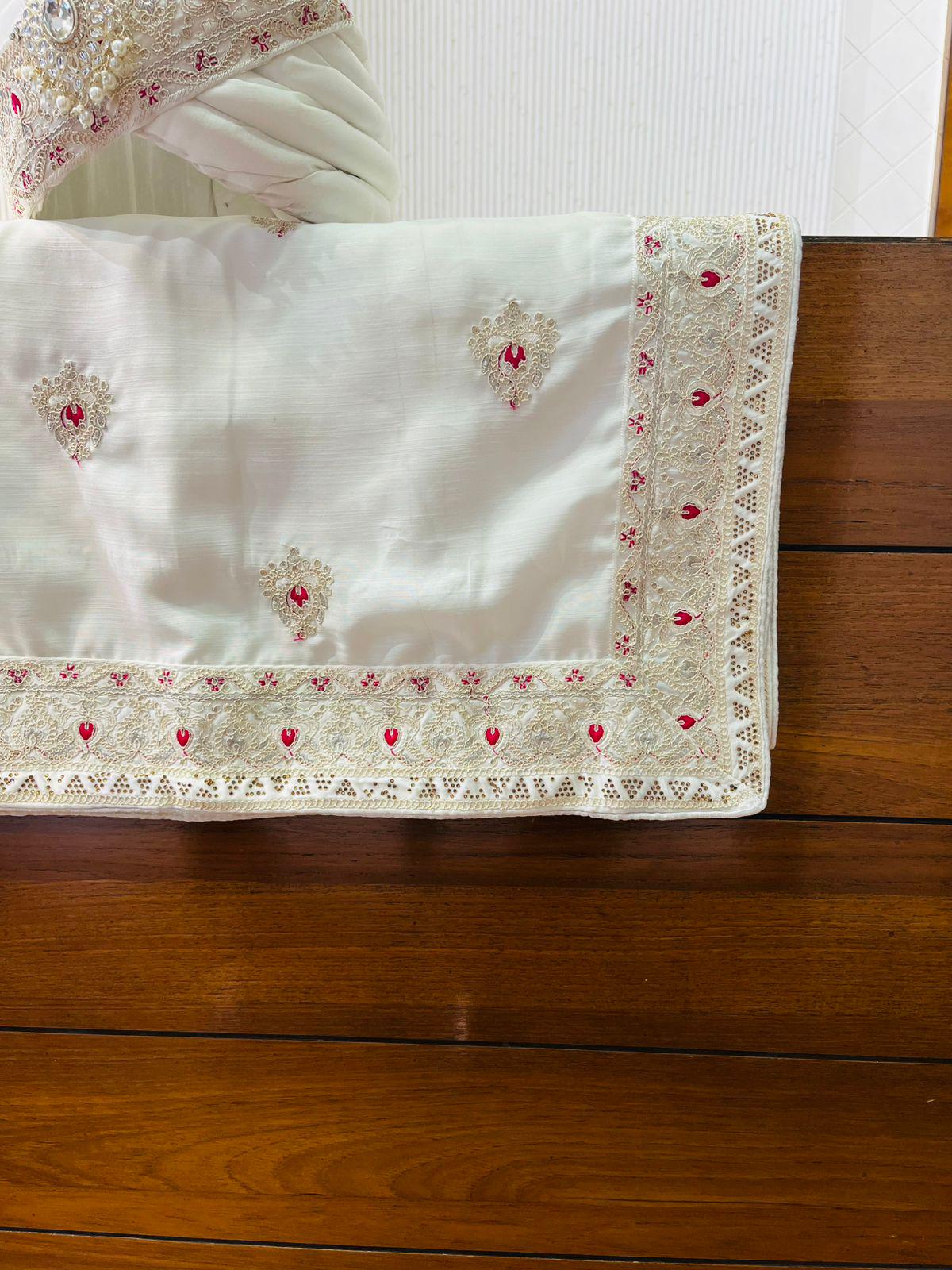 Ivory Groom Wedding Shawl & Turban Set, Pink Embroidered Border, Sherwani Safa for Groom