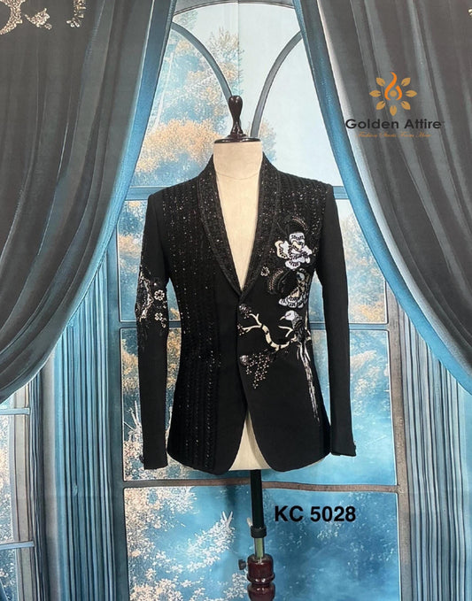 Men's Black Tuxedo Suit, Zardozi Embroidery, Custom Fit, Shawl lapel dinner suit jacket