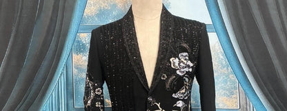Men's Black Tuxedo Suit, Zardozi Embroidery, Custom Fit, Shawl lapel dinner suit jacket