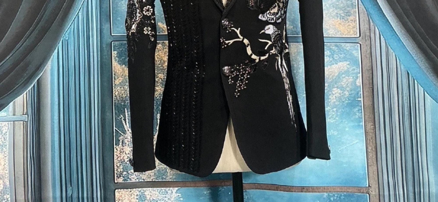 Men's Black Tuxedo Suit, Zardozi Embroidery, Custom Fit, Shawl lapel dinner suit jacket