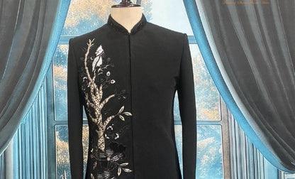 Black Indo Western Sherwani, Zardozi Embroidery, Groom Outfit
