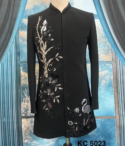 Black Indo Western Sherwani, Zardozi Embroidery, Groom Outfit