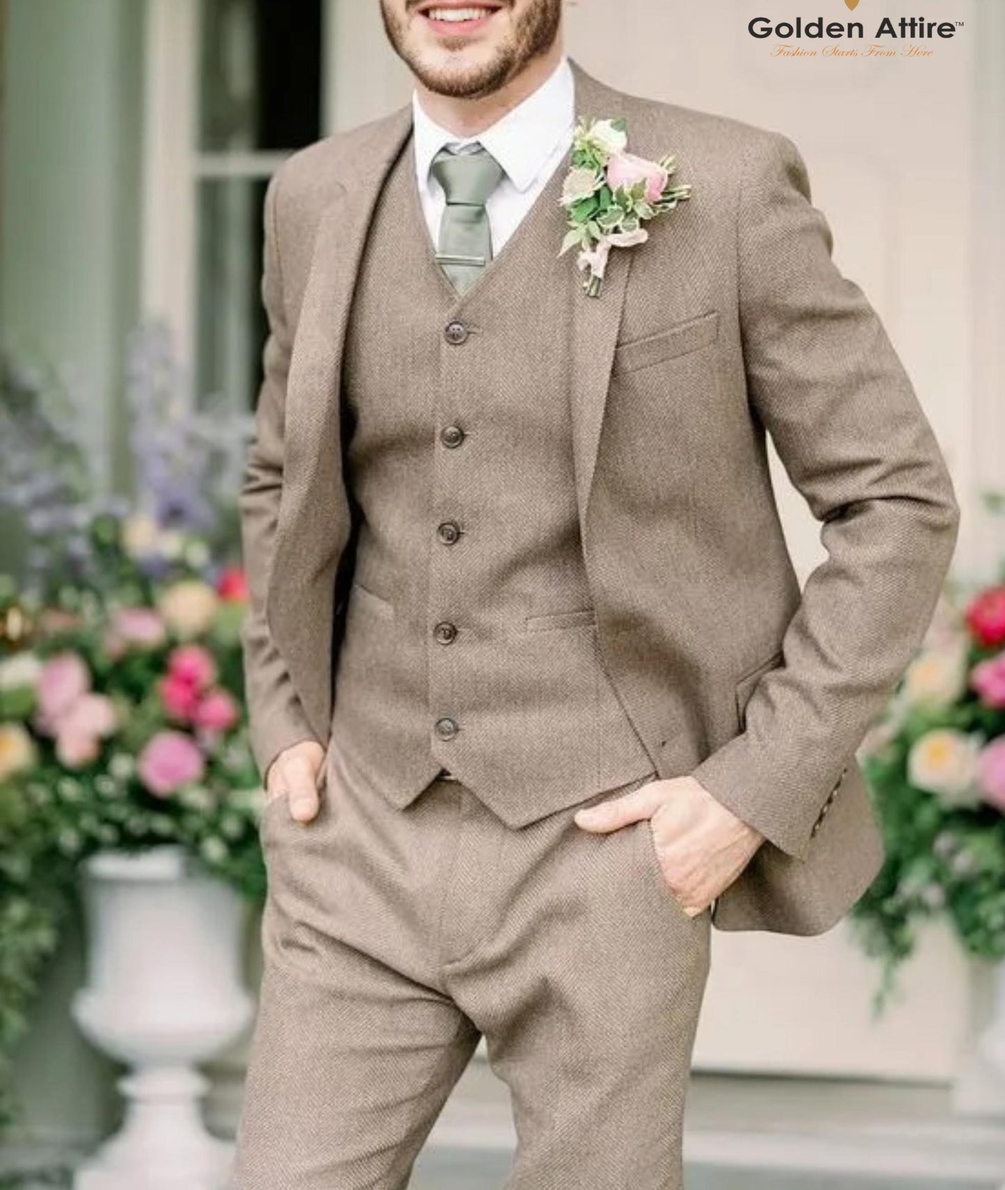 Tan Brown Tweed Groom Suit, 3-Piece Wool Wedding Suit
