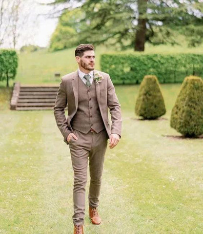 Tan Brown Tweed Groom Suit, 3-Piece Wool Wedding Suit
