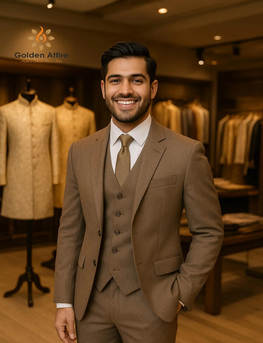 Men's Custom Brown Tweed 3-Piece Groom Suit | Comfortable Luxury Wedding Suit