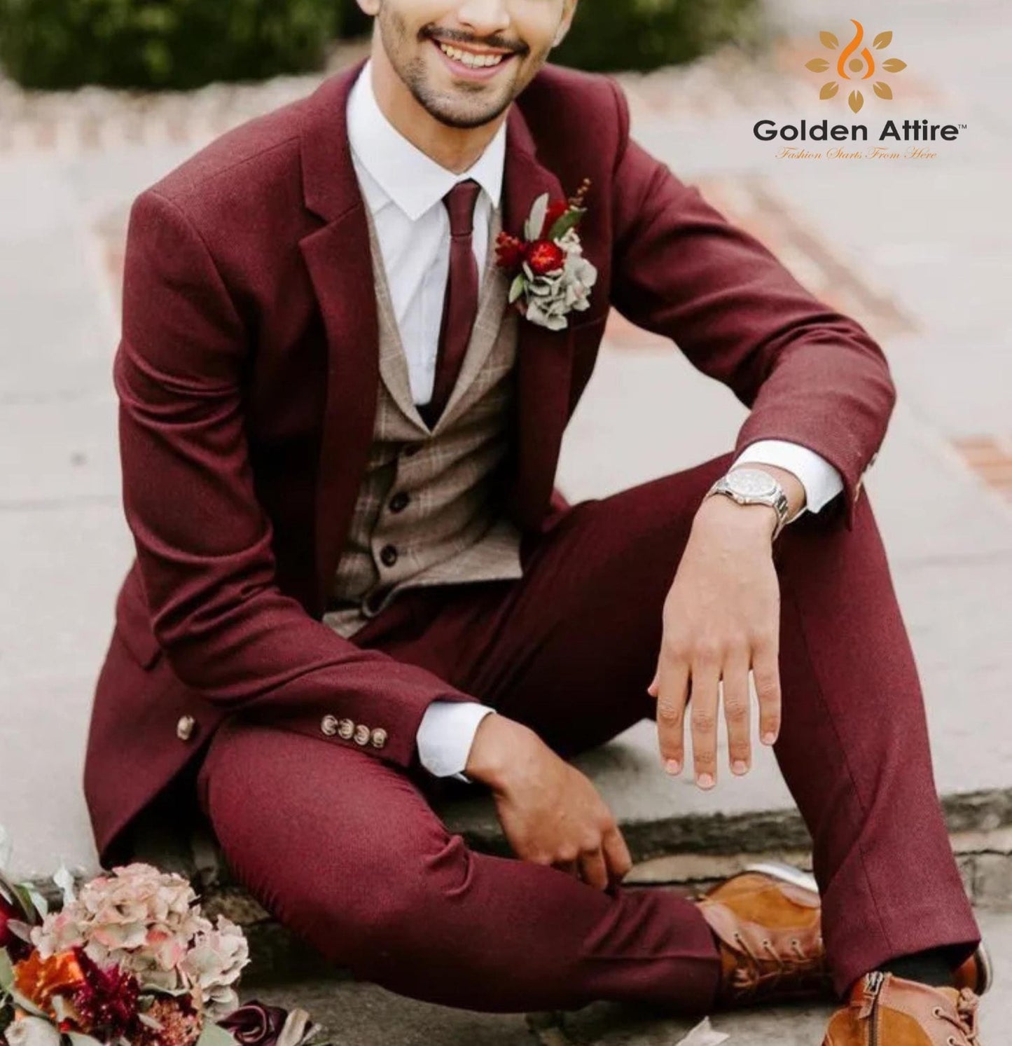 Burgundy Tweed Groom Suit: Three-Piece Wool Suit, Customizable fit