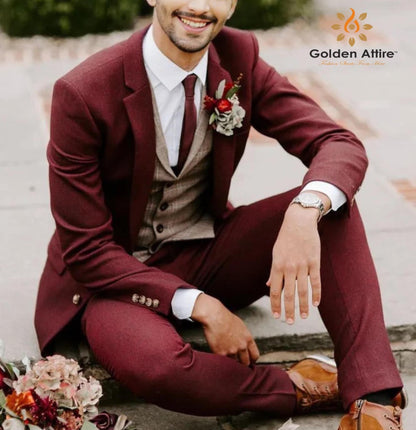 Burgundy Tweed Groom Suit: Three-Piece Wool Suit, Customizable fit