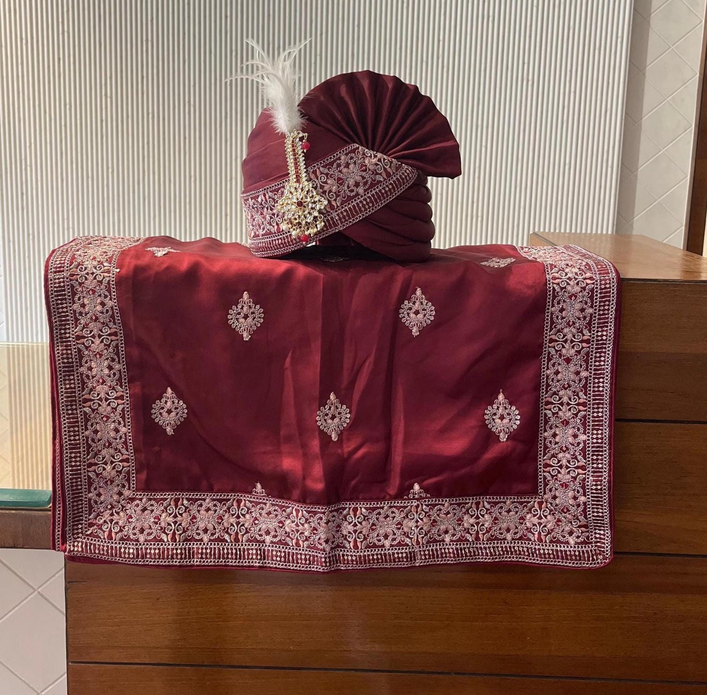 Maroon Embroidered Indian Wedding Turban, Sherwani Pagri