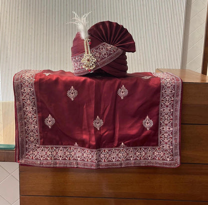 Maroon Embroidered Indian Wedding Turban, Sherwani Pagri