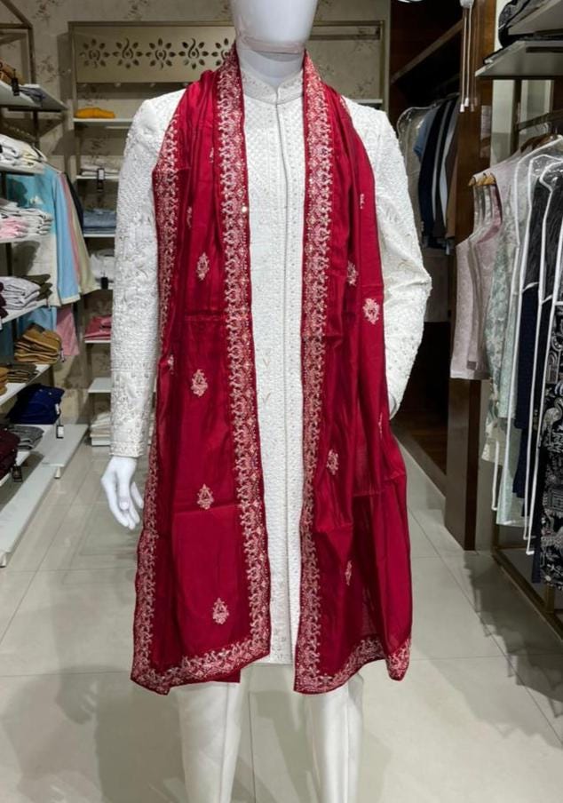 Red Embroidered Groom Shawl and Turban Set
