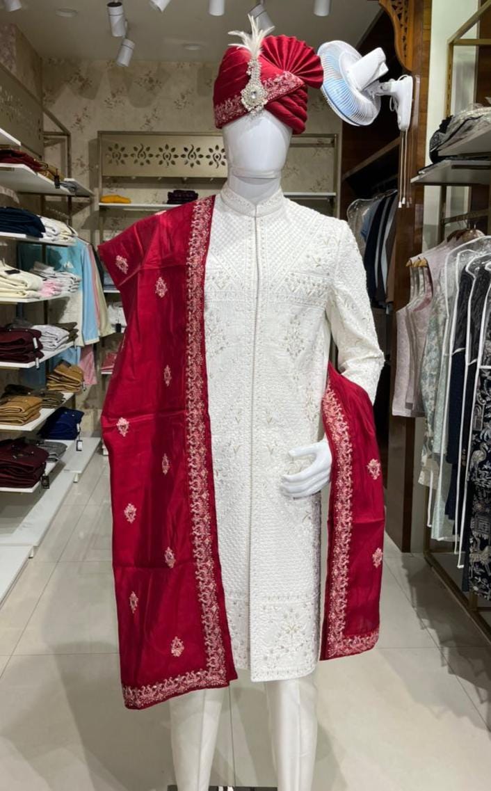 Red Embroidered Groom Shawl and Turban Set