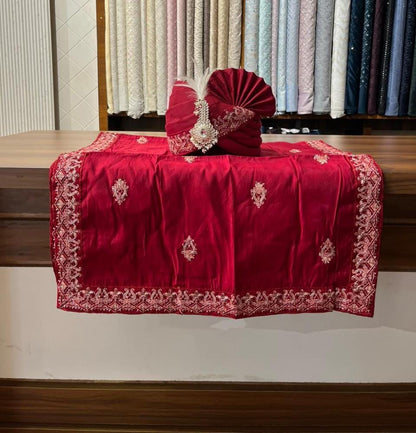 Red Embroidered Groom Shawl and Turban Set