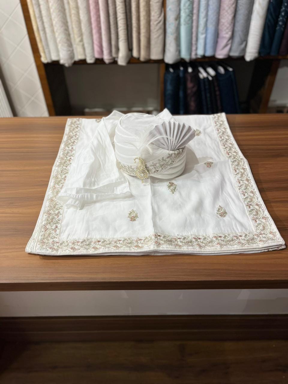 Ivory Indian Groom Turban, Art Silk Wedding Safa, Embroidered Shawl