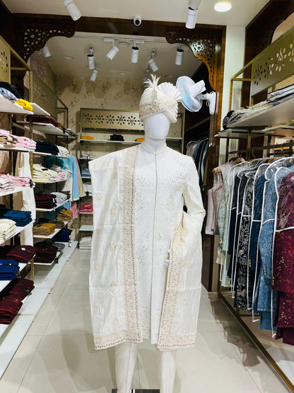 Ivory Indian Groom Turban, Art Silk Wedding Safa, Embroidered Shawl