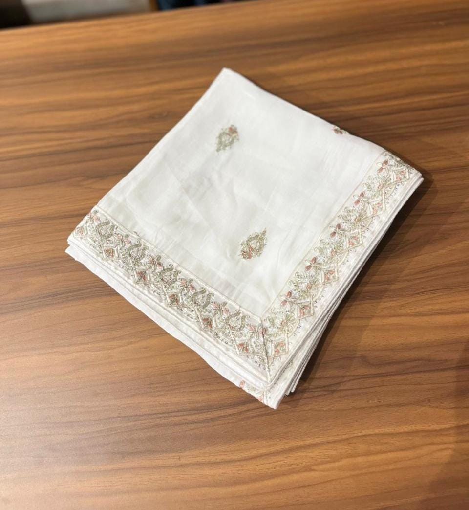 Ivory Art Silk Indian Groom Turban and Shawl Set, Embroidered Wedding Safa