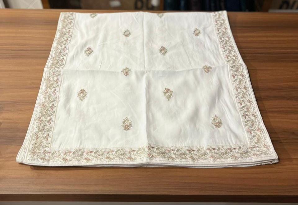 Ivory Art Silk Indian Groom Turban and Shawl Set, Embroidered Wedding Safa