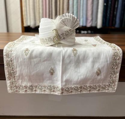Ivory Art Silk Indian Groom Turban and Shawl Set, Embroidered Wedding Safa