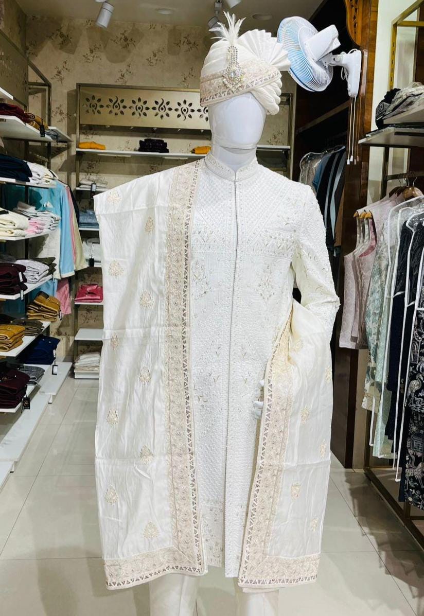 Cream Shawl & Turban Set, Embroidered Indian Wedding stole