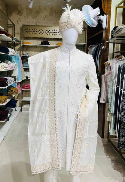 Cream Shawl & Turban Set, Embroidered Indian Wedding stole