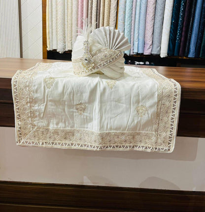 Cream Shawl & Turban Set, Embroidered Indian Wedding stole