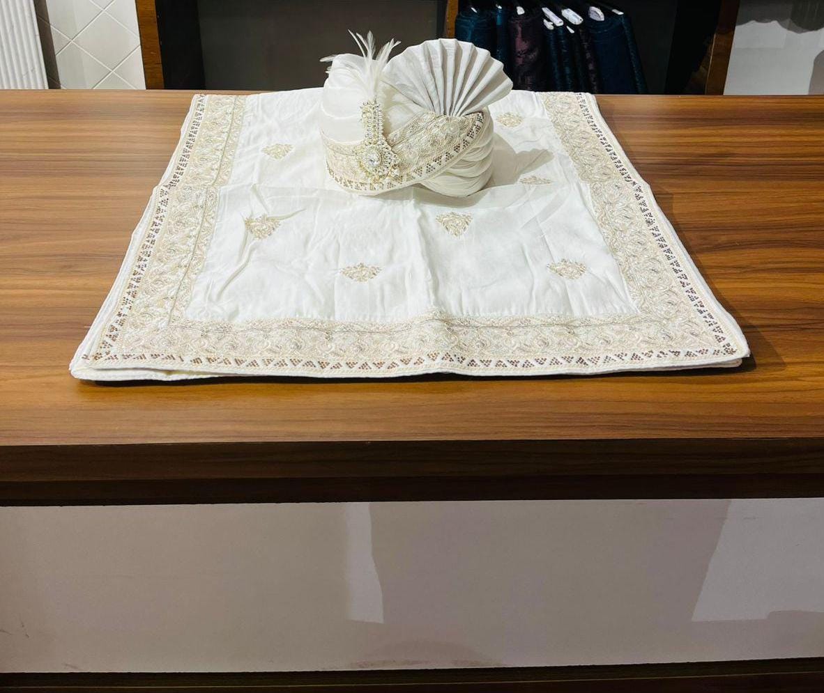 Cream Shawl & Turban Set, Embroidered Indian Wedding stole