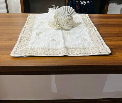 Cream Shawl & Turban Set, Embroidered Indian Wedding stole