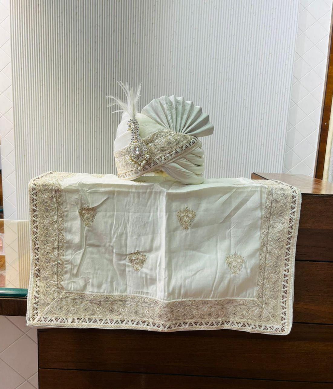 Cream Wedding Turban Shawl, Indian Groom Safa Shawl