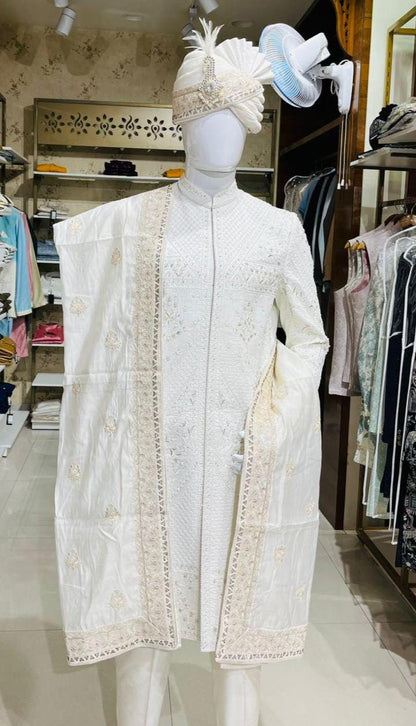 Cream Wedding Turban Shawl, Indian Groom Safa Shawl