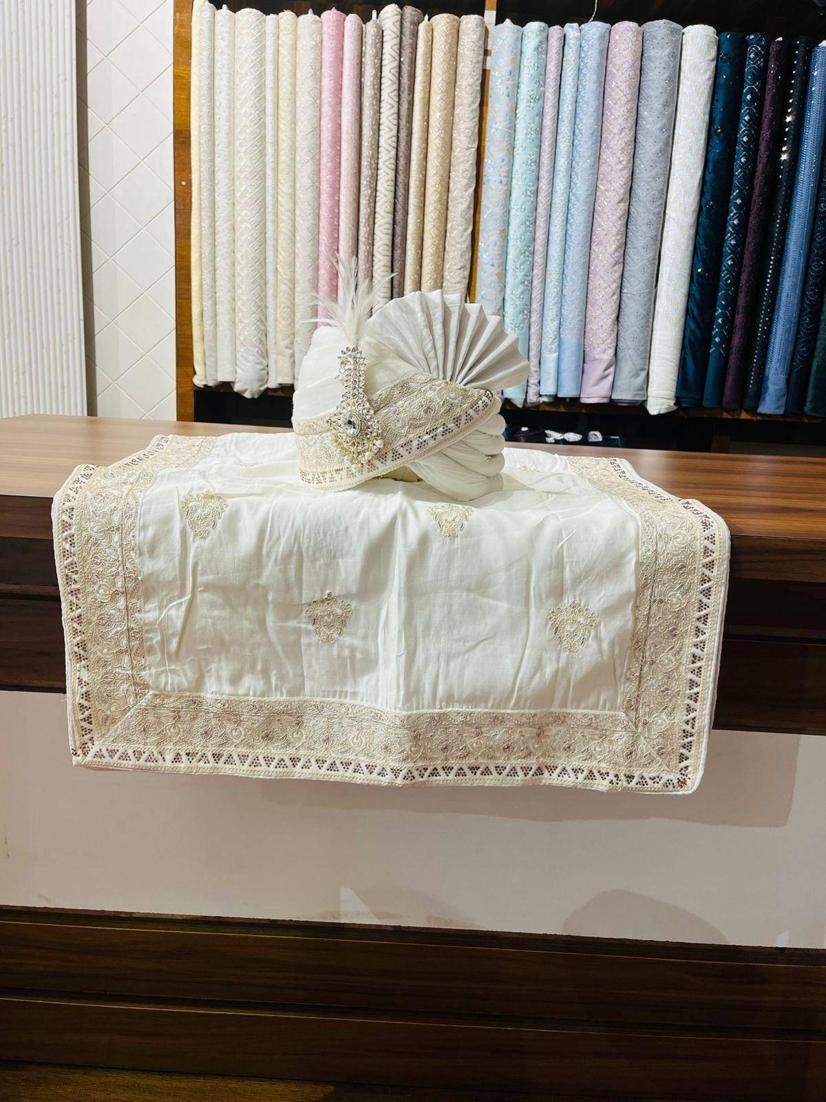 Cream Wedding Turban Shawl, Indian Groom Safa Shawl