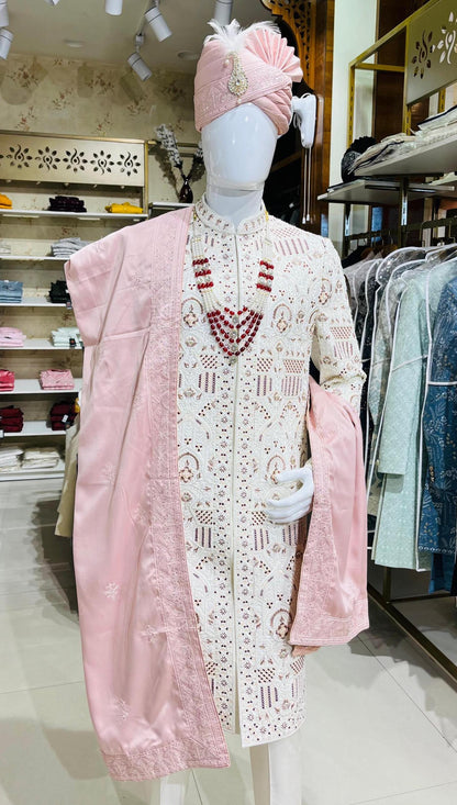Dusty Rose Groom Turban & Shawl Set, Embroidered Indian Wedding Safa