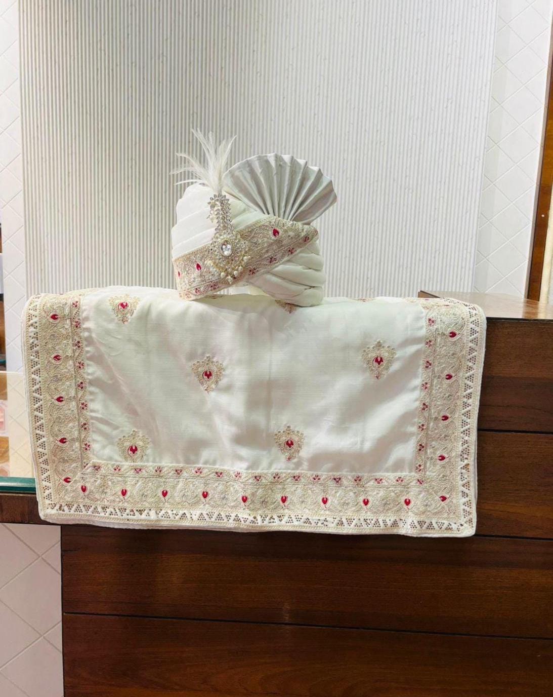 Ivory Indian Wedding Turban Shawl, Pink Booti Embroidery, Art Silk Safa