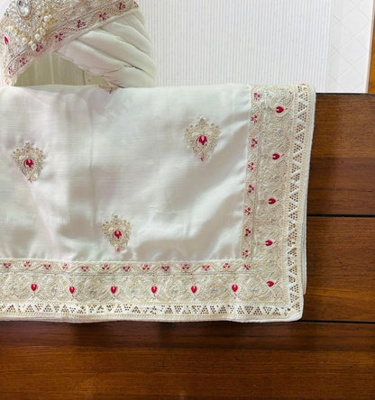 Ivory Indian Wedding Turban Shawl, Pink Booti Embroidery, Art Silk Safa