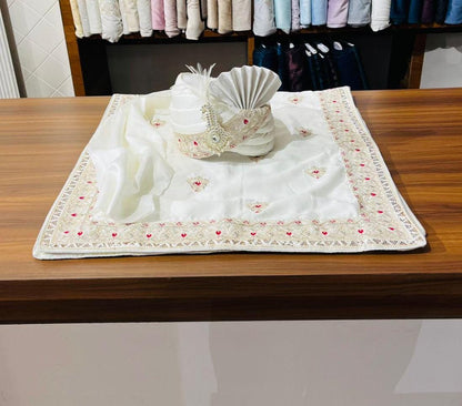 Ivory Indian Wedding Turban Shawl, Pink Booti Embroidery, Art Silk Safa