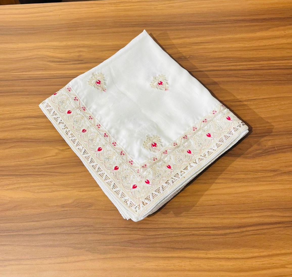 Ivory Indian Wedding Turban Shawl, Pink Booti Embroidery, Art Silk Safa