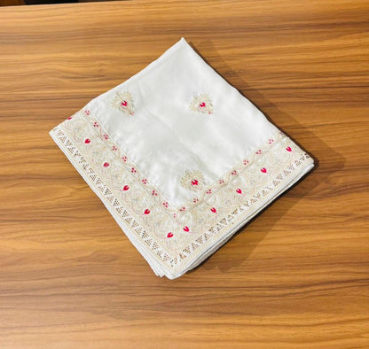 Ivory Indian Wedding Turban Shawl, Pink Booti Embroidery, Art Silk Safa