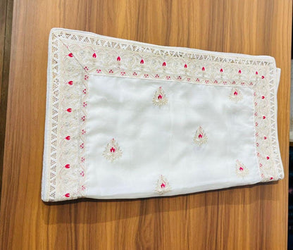 Ivory Indian Wedding Turban Shawl, Pink Booti Embroidery, Art Silk Safa