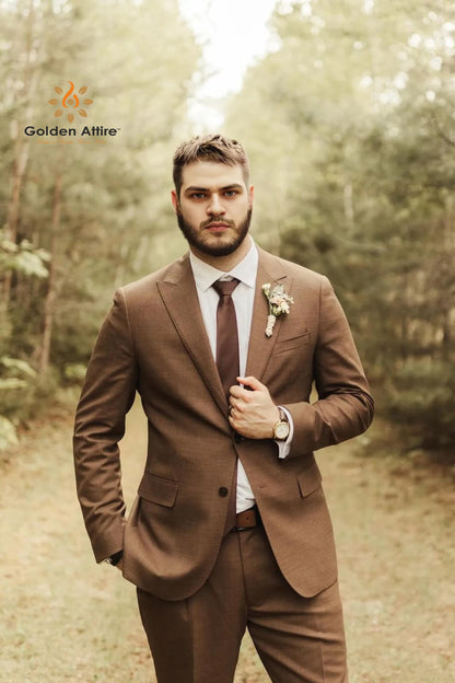Chestnut Brown Tweed Groom Suit, Custom Two-Piece Wedding Suits, Cocoa Royale Wool Blend
