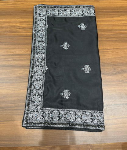 Groom Black Safa Turban & Shawl Set, Sherwani Pagri with Grey Embroidery