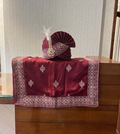 Maroon Embroidered Indian Wedding Turban, Sherwani Pagri
