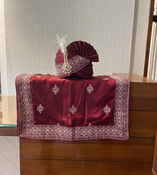Maroon Embroidered Indian Wedding Turban, Sherwani Pagri