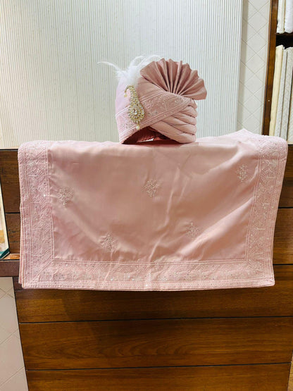 Dusty Rose Groom Turban & Shawl Set, Embroidered Indian Wedding Safa