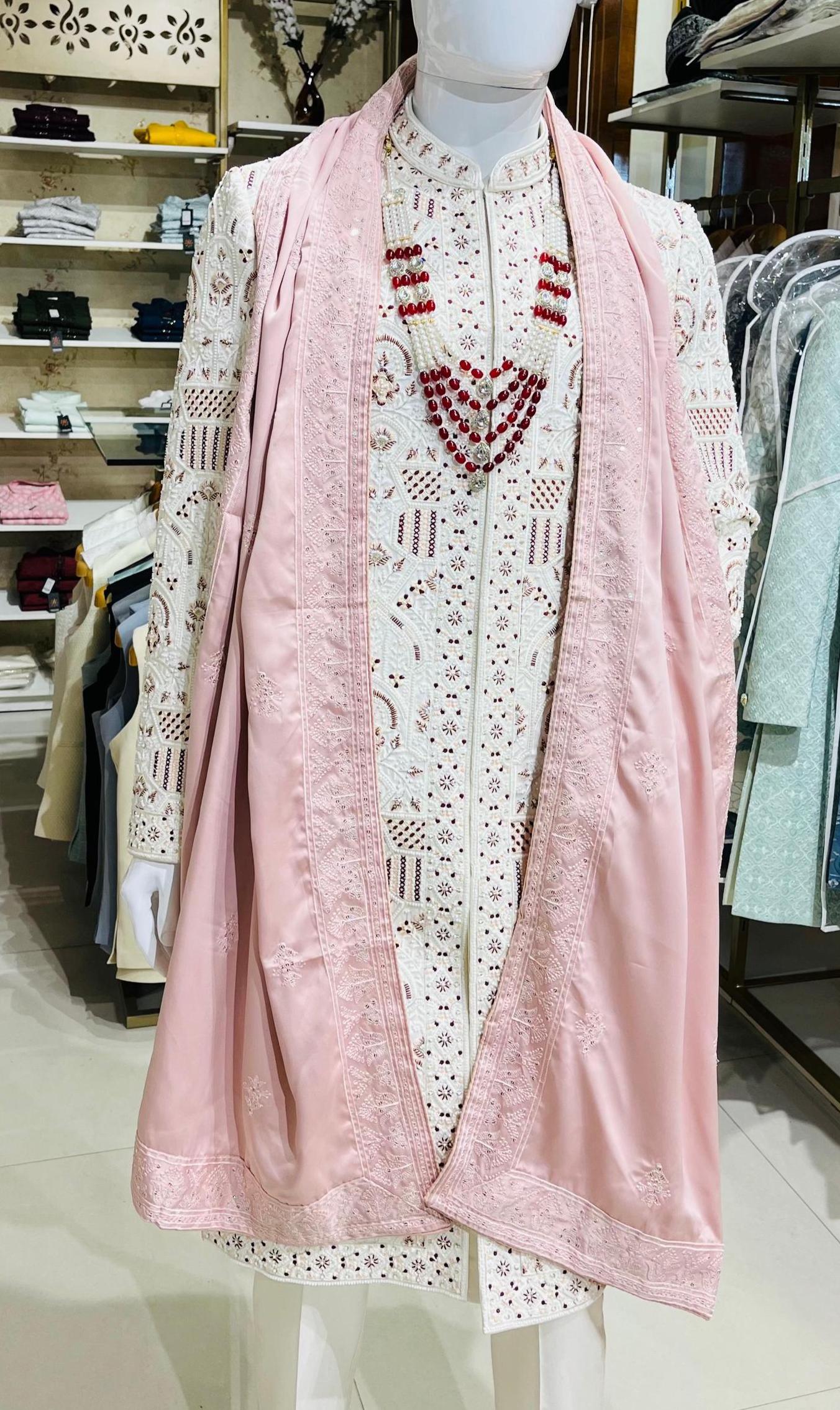 Dusty Rose Groom Turban & Shawl Set, Embroidered Indian Wedding Safa