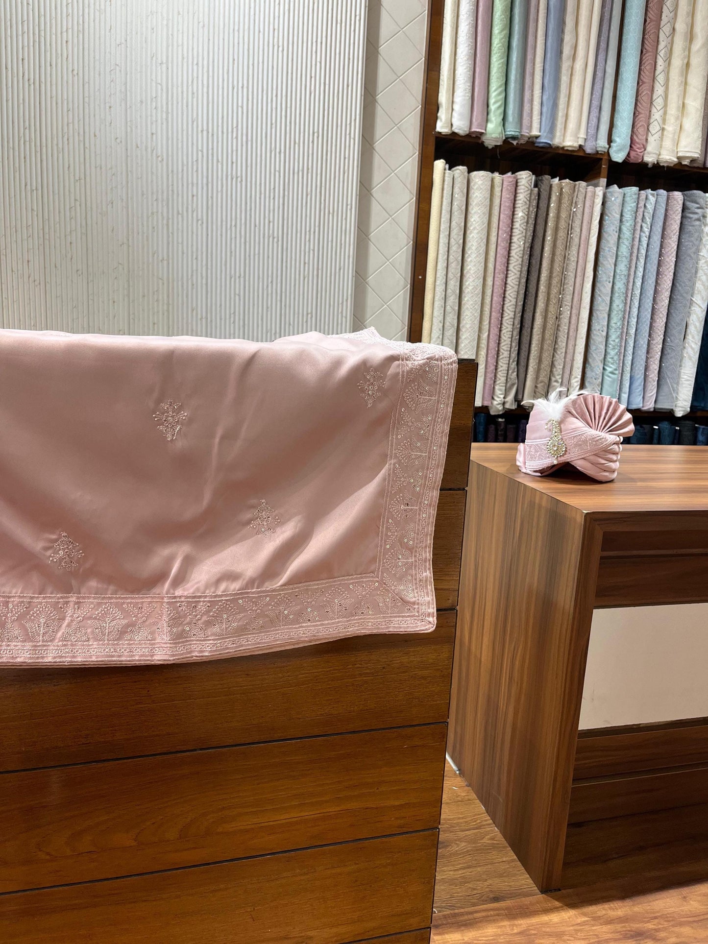 Dusty Rose Groom Shawl Stole & Safa Turban Set, Embroidery Border, for Sherwani and Kurta