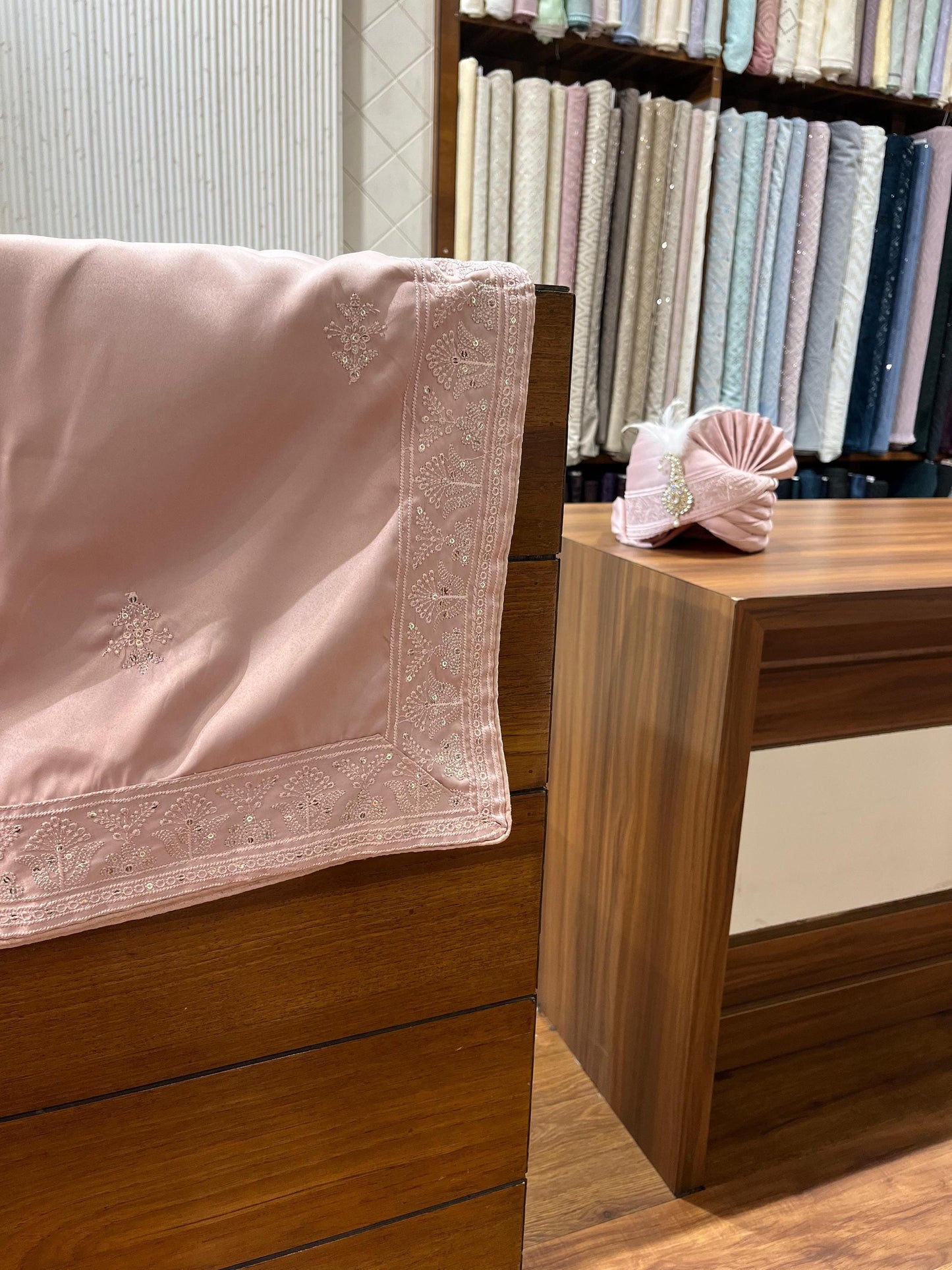 Dusty Rose Groom Shawl Stole & Safa Turban Set, Embroidery Border, for Sherwani and Kurta