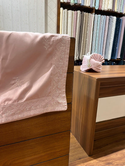 Dusty Rose Groom Shawl Stole & Safa Turban Set, Embroidery Border, for Sherwani and Kurta