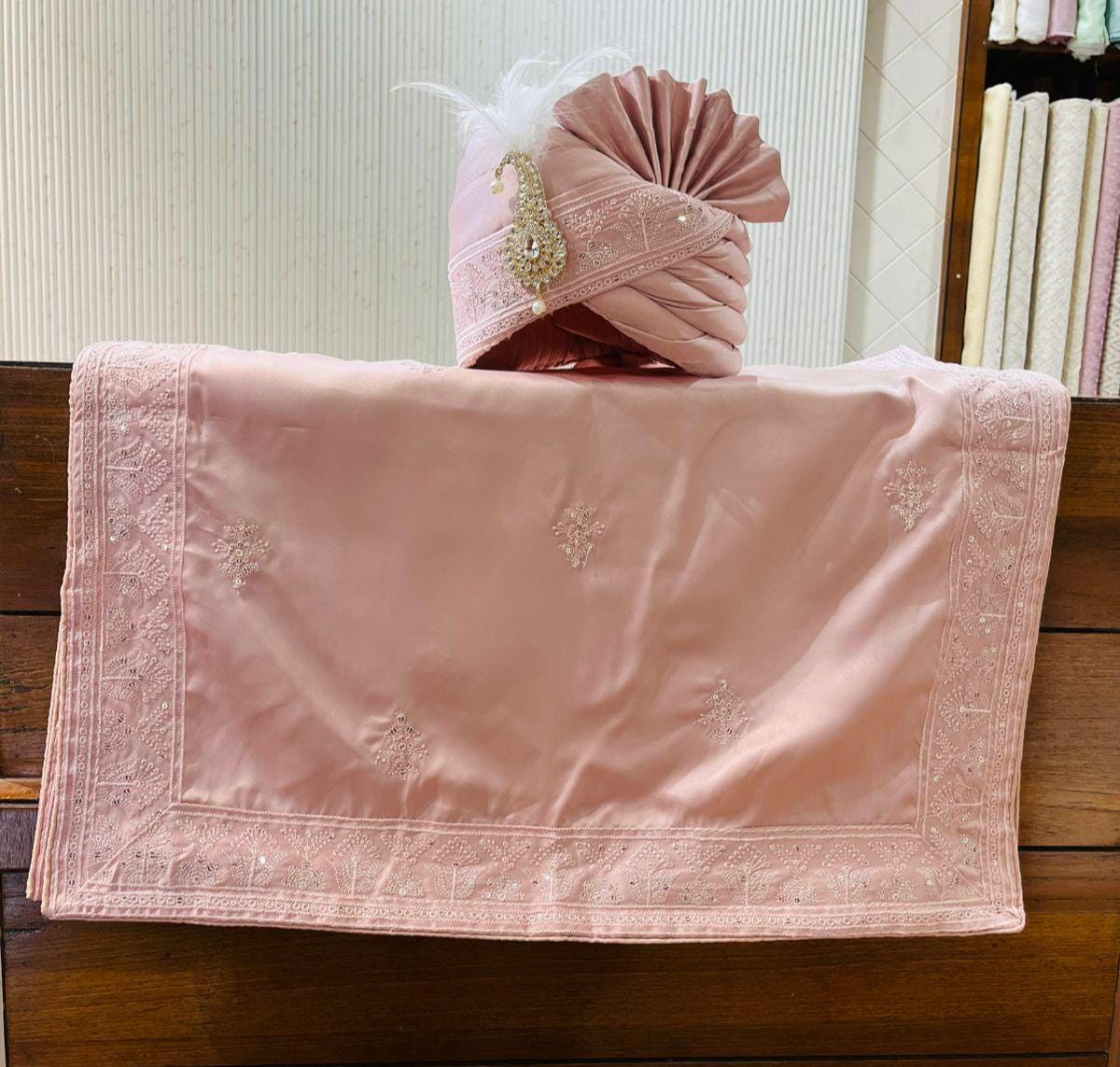 Dusty Rose Groom Shawl Stole & Safa Turban Set, Embroidery Border, for Sherwani and Kurta