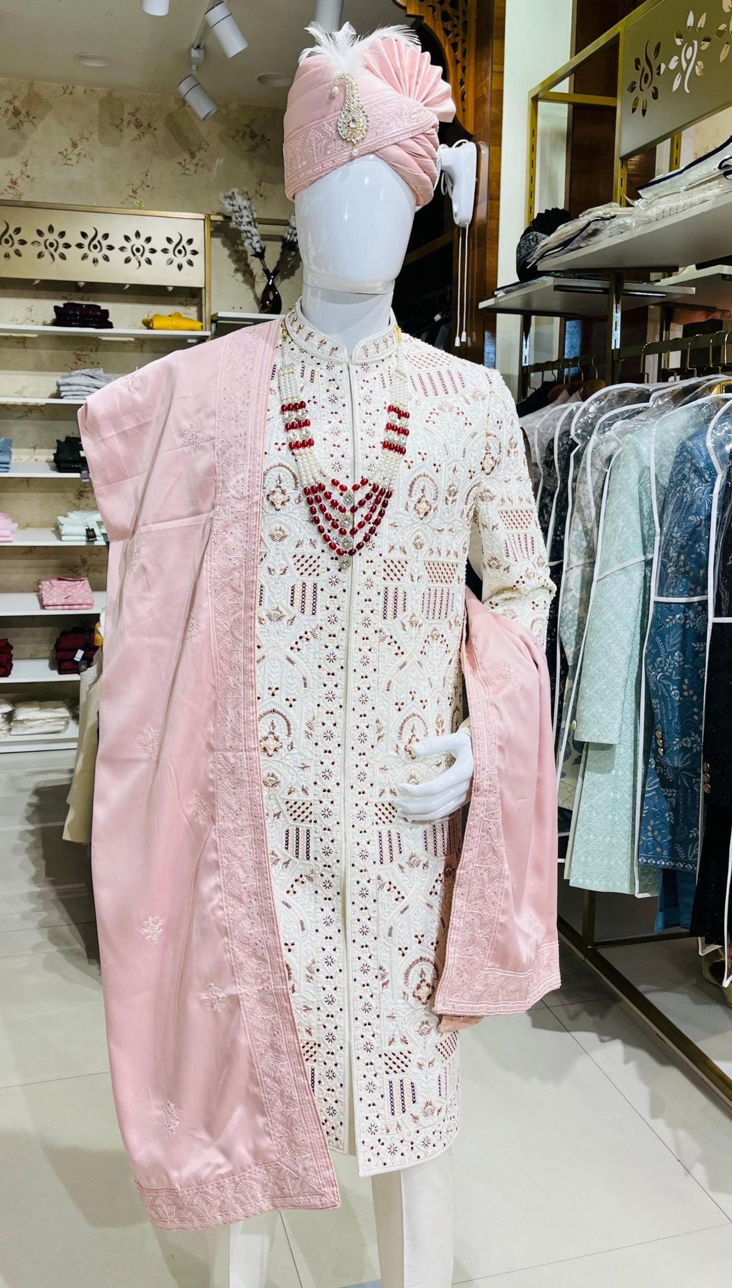 Dusty Rose Groom Shawl Stole & Safa Turban Set, Embroidery Border, for Sherwani and Kurta