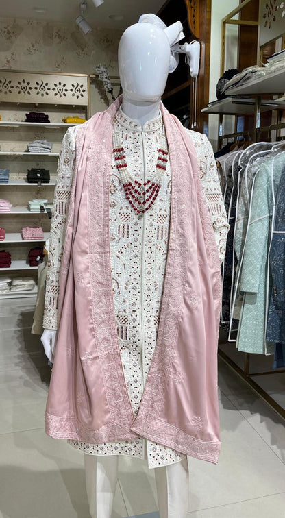 Dusty Rose Groom Shawl Stole & Safa Turban Set, Embroidery Border, for Sherwani and Kurta