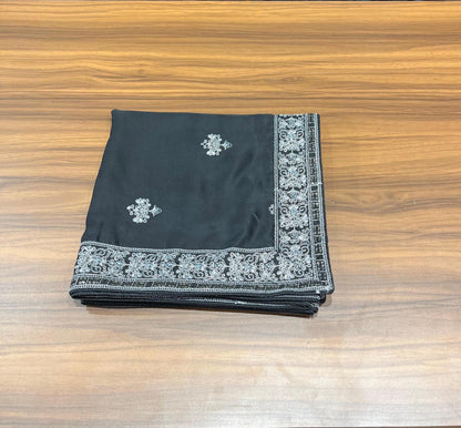 Groom Black Safa Turban & Shawl Set, Sherwani Pagri with Grey Embroidery
