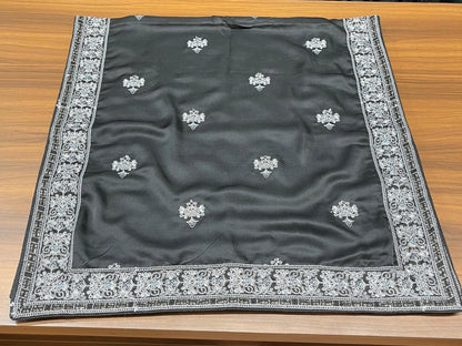 Groom Black Safa Turban & Shawl Set, Sherwani Pagri with Grey Embroidery